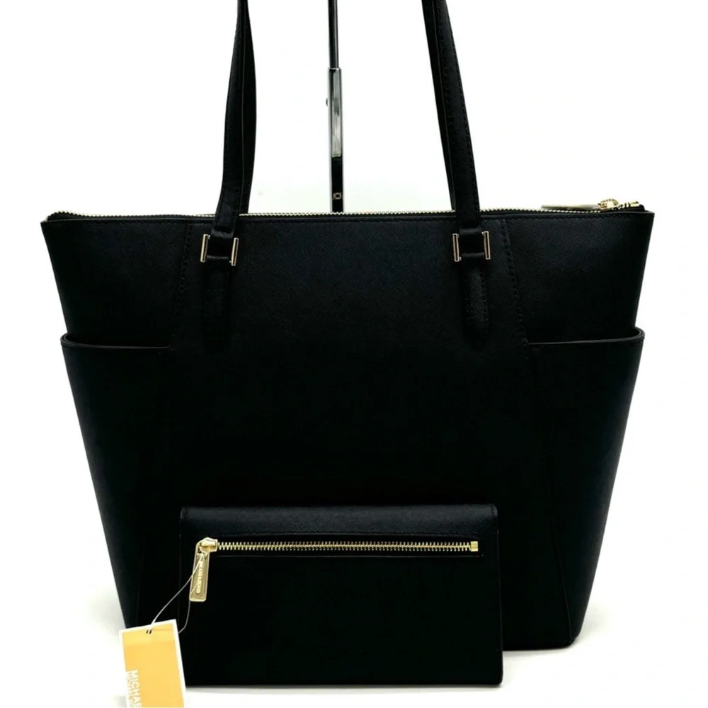 Michael Kors Large Charlotte TZ Tote Bag & Large Trifold Wallet Black/Gold - Picture 5 of 14